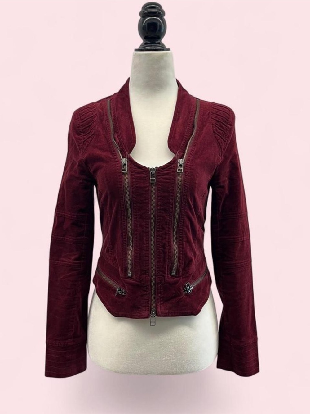 Y2K Burgundy Velveteen Moto Zip Jacket
